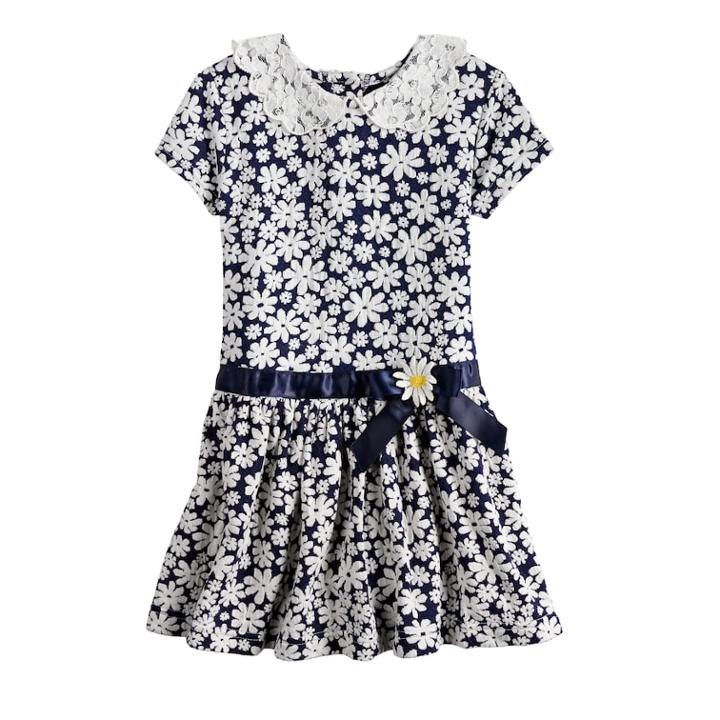 Girls 4-6x Blueberi Boulevard Daisy Lace Peter Pan Collar Dress, Size: 6, Blue (navy)