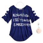 Girls 7-16 & Plus Size Self Esteem Graphic Raglan Top Set With Necklace & Pom Keychain, Size: Large, Blue