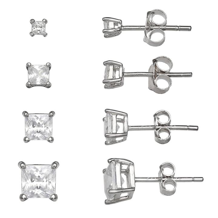 Primrose Princess Cut Cubic Zirconia 4-pair Stud Earring Set, Women's, White