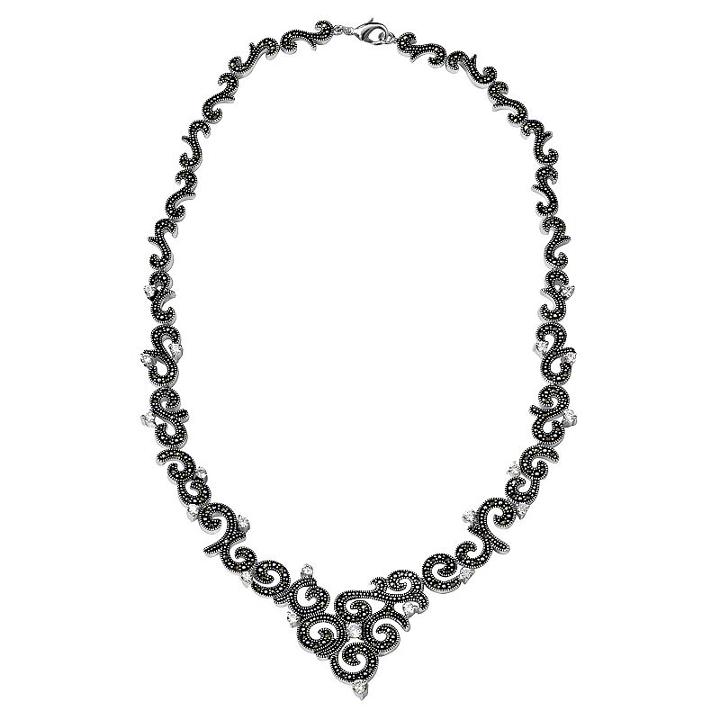 Le Vieux Marcasite & Cubic Zirconia Silver-plated Swirled V Necklace, Women's, Size: 17, Black