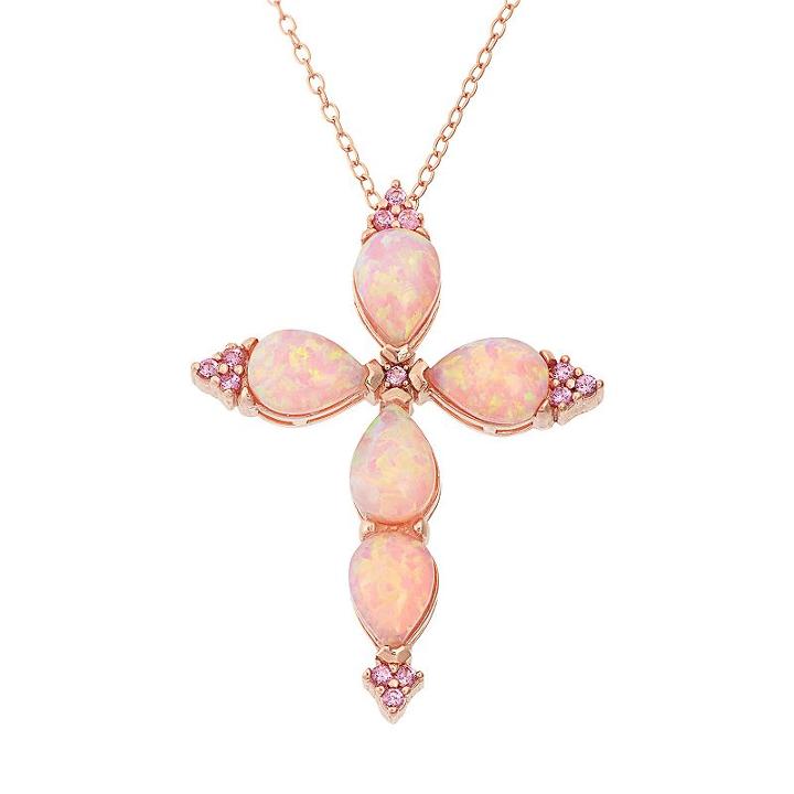Lab-created Pink Opal & Lab-created Pink Sapphire 18k Rose Gold Over Silver Cross Pendant Necklace, Women's, Size: 18