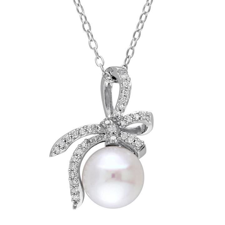 Stella Grace Laura Ashley Sterling Silver Freshwater Cultured Pearl & 1/10 Carat T.w. Diamond Bow Pendant, Women's, Size: 18, White