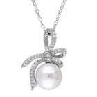 Stella Grace Laura Ashley Sterling Silver Freshwater Cultured Pearl & 1/10 Carat T.w. Diamond Bow Pendant, Women's, Size: 18, White