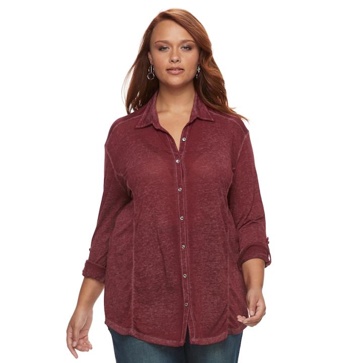 French Laundry Plus Size Long Roll Tab Sleeve Button Front Tunic, Women's, Size: 1xl, Drk Purple