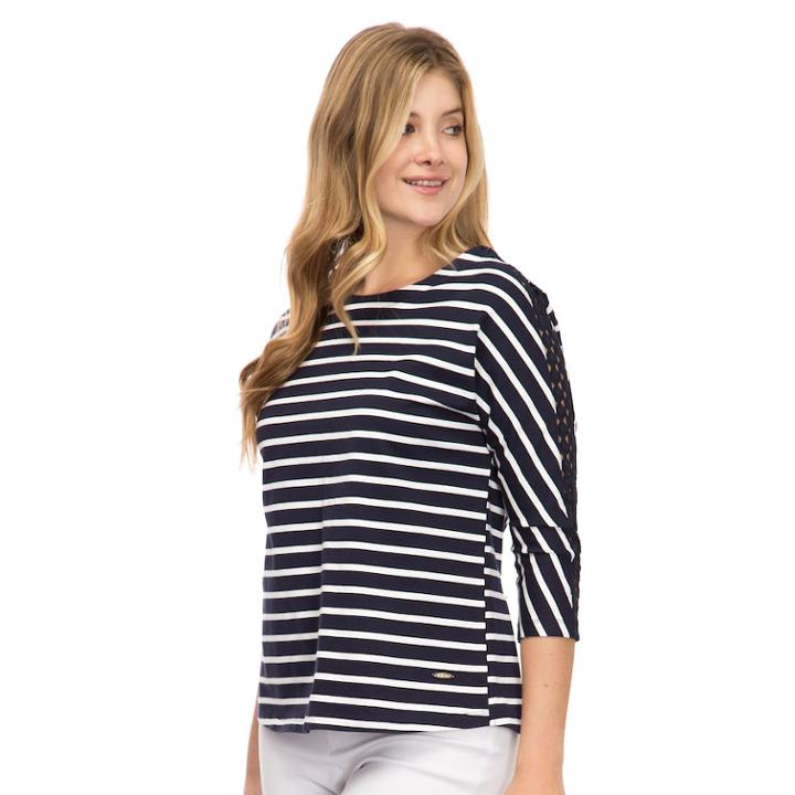 Women's Izod Lace-trim Boatneck Tee, Size: Small, Peacoat Stripe