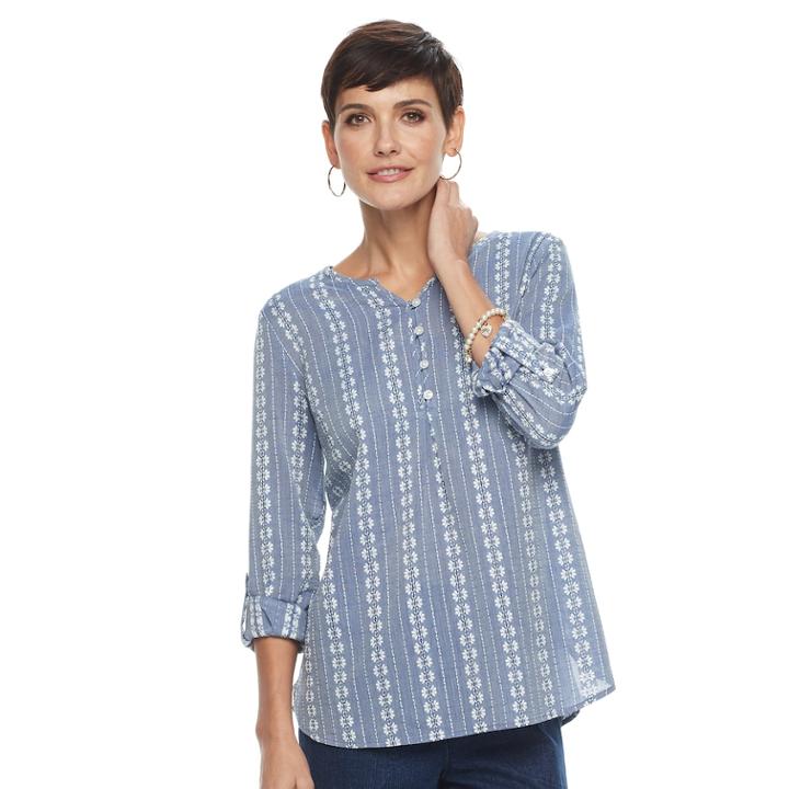Women's Croft & Barrow&reg; Print Henley Top, Size: Xs, Med Blue