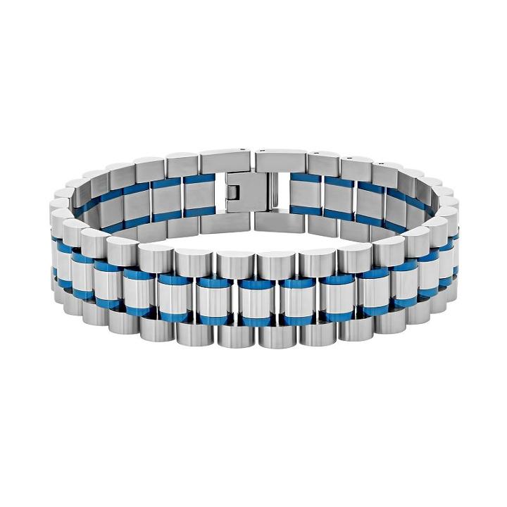 Men's Two Tone Stainless Steel Bracelet, Size: 8.5, Blue