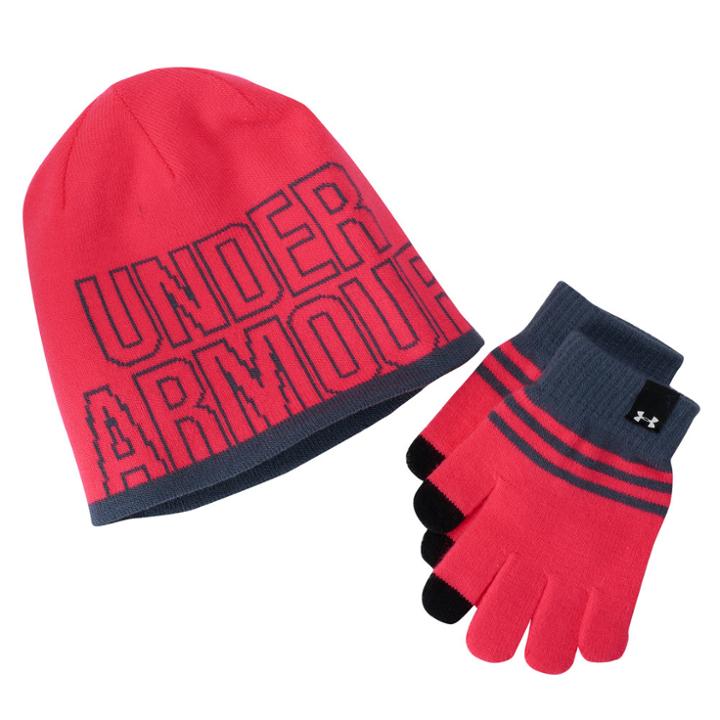 Girls 4-16 Under Armour Logo Knit Hat & Gloves Set, Penta Pink Gray