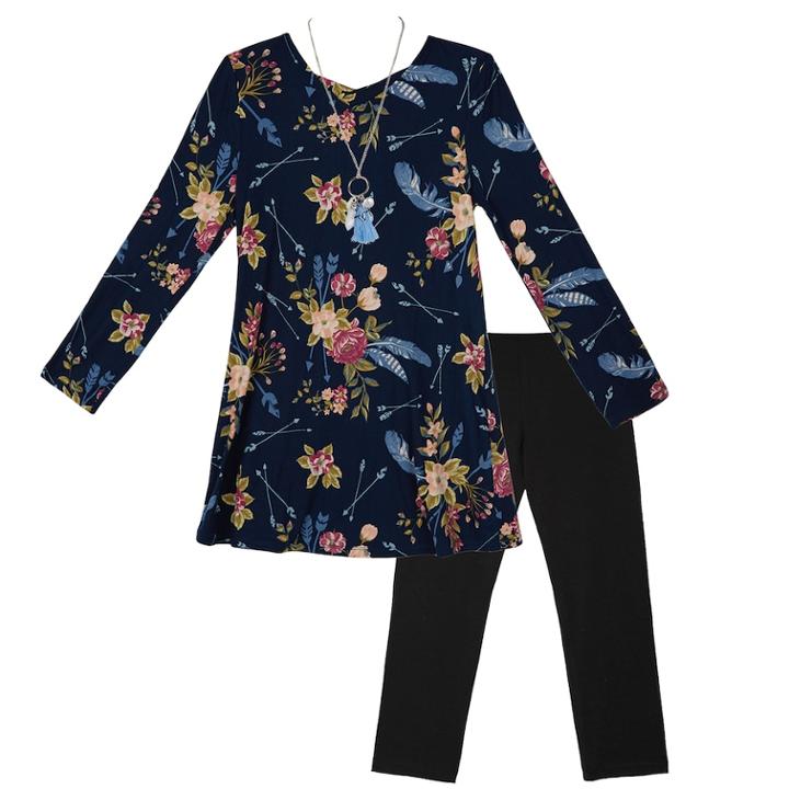 Girls 7-16 Iz Amy Byer Blue Feather Floral Tunic & Leggings Set With Necklace, Size: Xl, Blue Floral