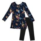 Girls 7-16 Iz Amy Byer Blue Feather Floral Tunic & Leggings Set With Necklace, Size: Xl, Blue Floral