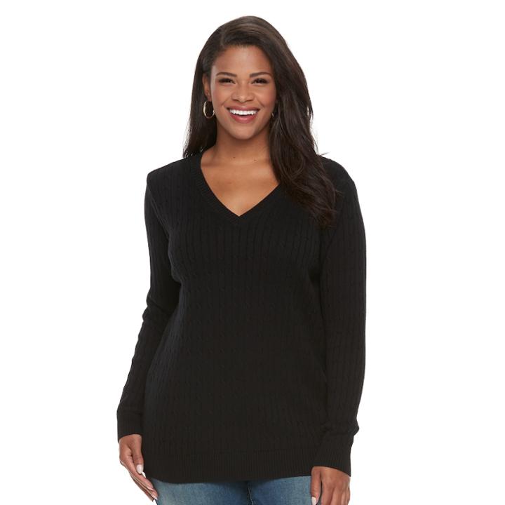 Plus Size Croft & Barrow&reg; Cable-knit V-neck Sweater, Women's, Size: 3xl, Black