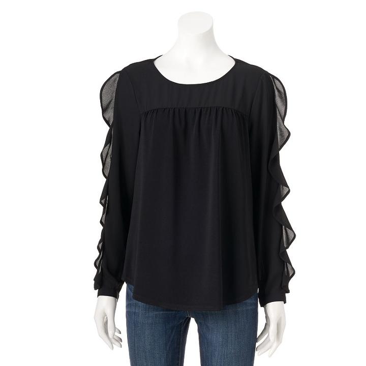 Women's Elle&trade; Mixed-media Ruffle Top, Size: Small, Black