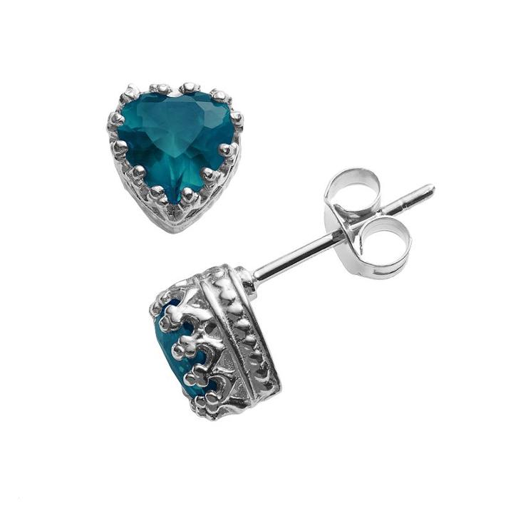 Sterling Silver London Blue Topaz Heart Crown Stud Earrings, Women's