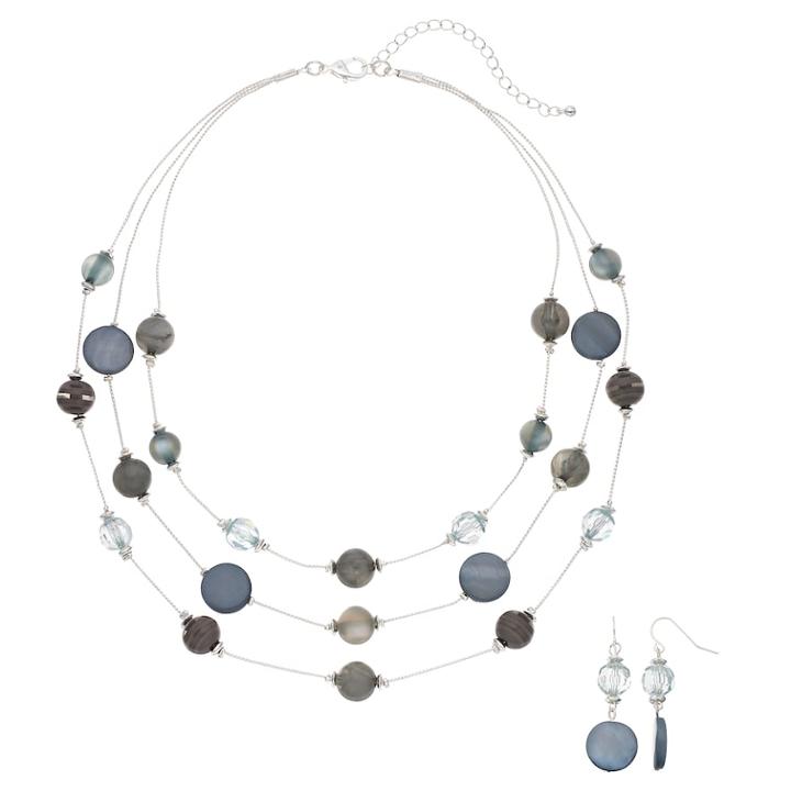 Gray & Blue Bead Multi Strand Necklace & Drop Earring Set, Women's, Grey