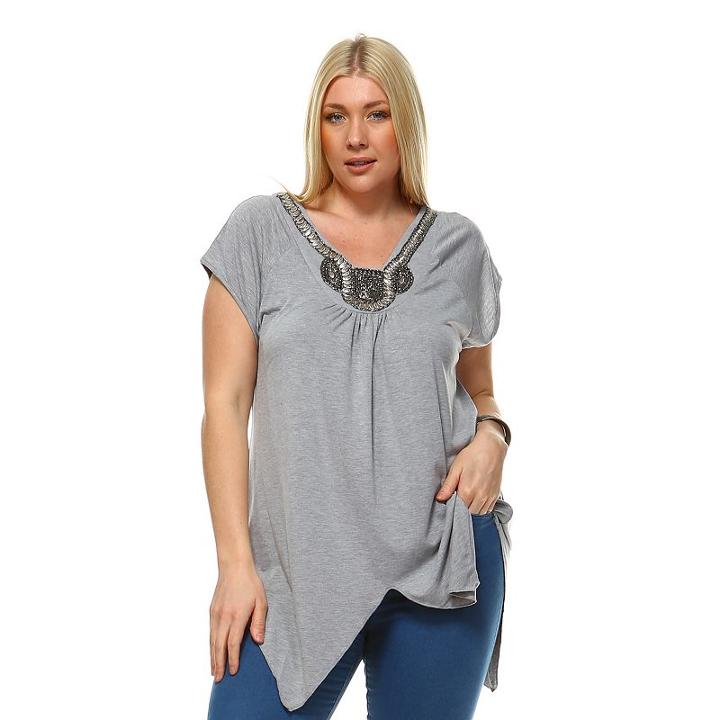 Plus Size White Mark Embellished Asymmetrical Tunic, Women's, Size: 1xl, Grey