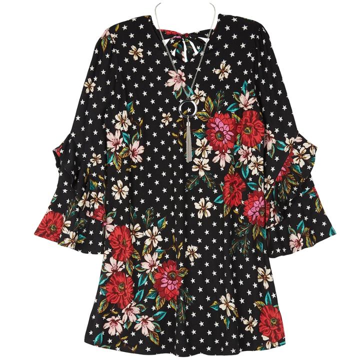 Girls 7-16 Iz Amy Byer Ruffled Long Sleeve Floral A-line Dress With Necklace, Size: Xl, Black