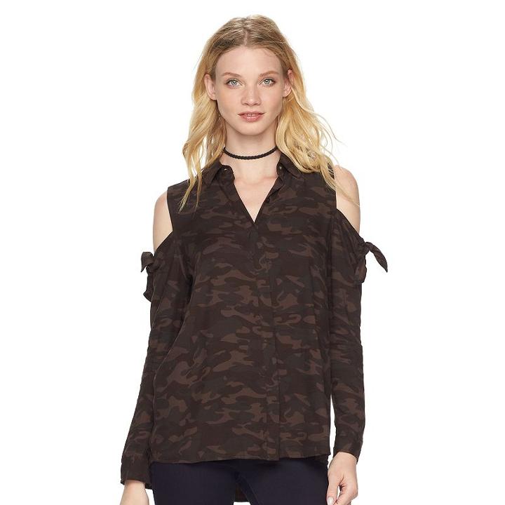 Women's Rock & Republic&reg; Camo Cold-shoulder Top, Size: Xl, Dark Brown