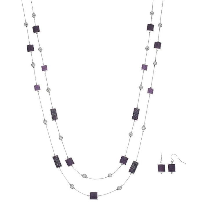 Double Strand Rectangle & Square Necklace & Drop Earring Set, Women's, Purple