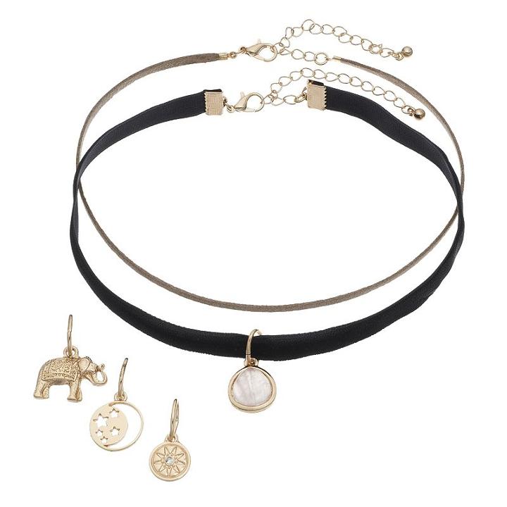 Mudd&reg; Elephant, Starburst & Moon Charm Choker Necklace Set, Girl's, Gold