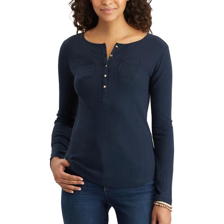 Women's Chaps Pocket Henley, Size: Large, Blue