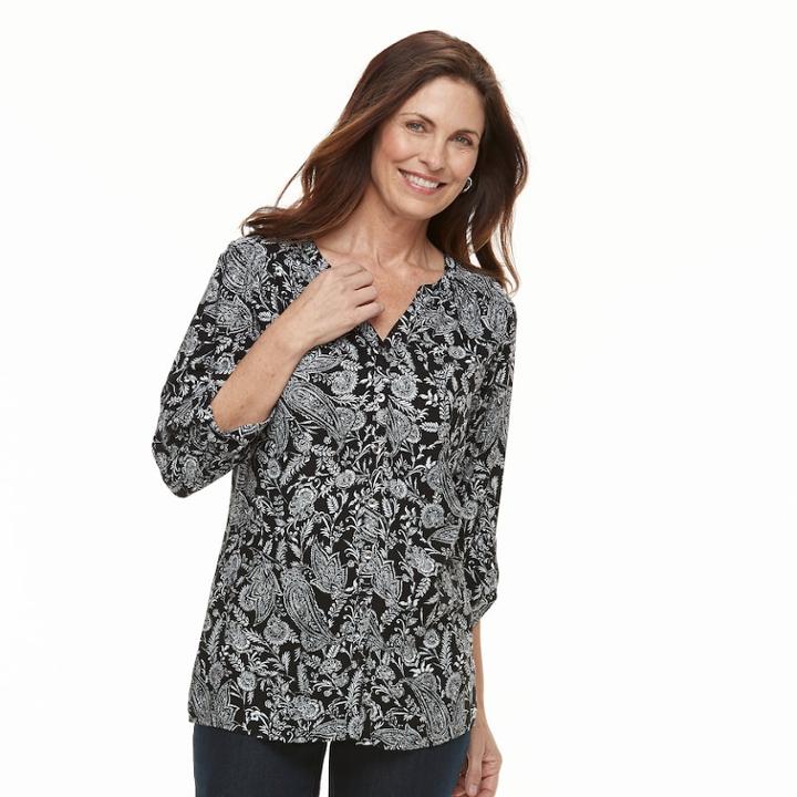 Women's Croft & Barrow&reg; Printed Shirred-shoulder Shirt, Size: Small, Black
