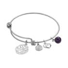 Love This Life Stainless Steel And Silver-plated Amethyst Sisters And Heart Charm Bangle Bracelet, Women's, Purple