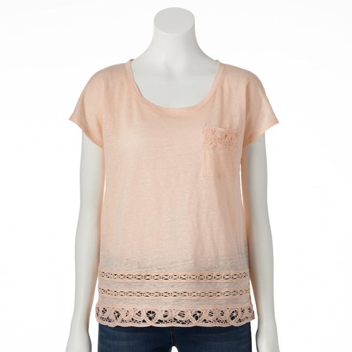 Lc Lauren Conrad Crochet Linen Tee - Women's, Size: Large, Lt Orange