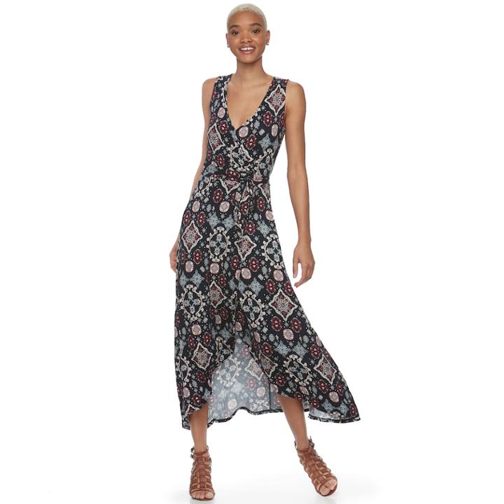 Juniors' About A Girl Printed Faux-wrap High-low Maxi Dress, Size: Small, Blue (navy)