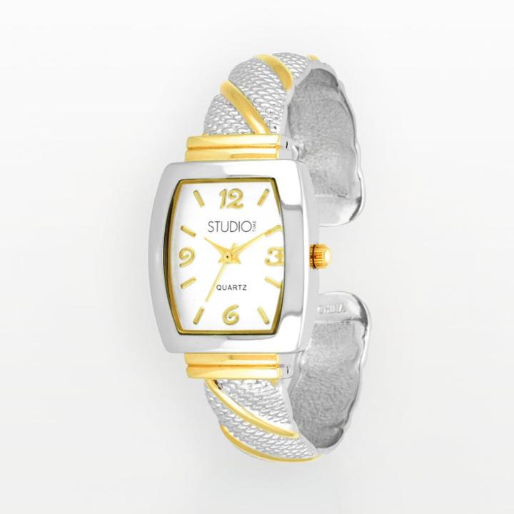 Studio Time Two Tone Striped Cuff Watch, Size: Small, White