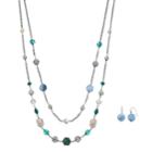 Blue Geometric Bead Double Strand Necklace & Drop Earring Set, Women's