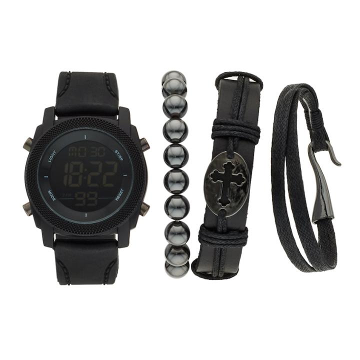 Men's American Exchange Digital Watch & Bracelet Set, Size: Large, Black