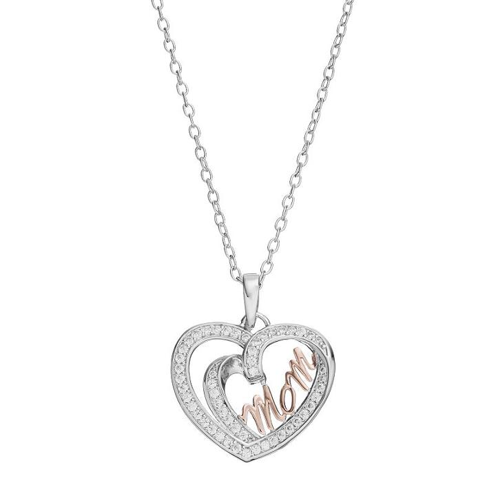 Lily & Lace Cubic Zirconia Two Tone Mom Heart Pendant Necklace, Women's, White