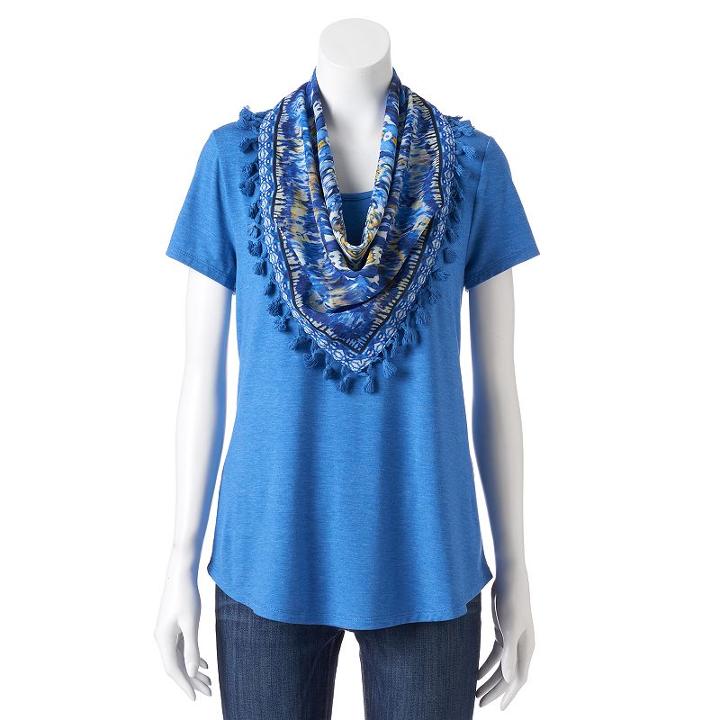 Women's World Unity Print Scoopneck & Scarf Tee, Size: Small, Dark Blue