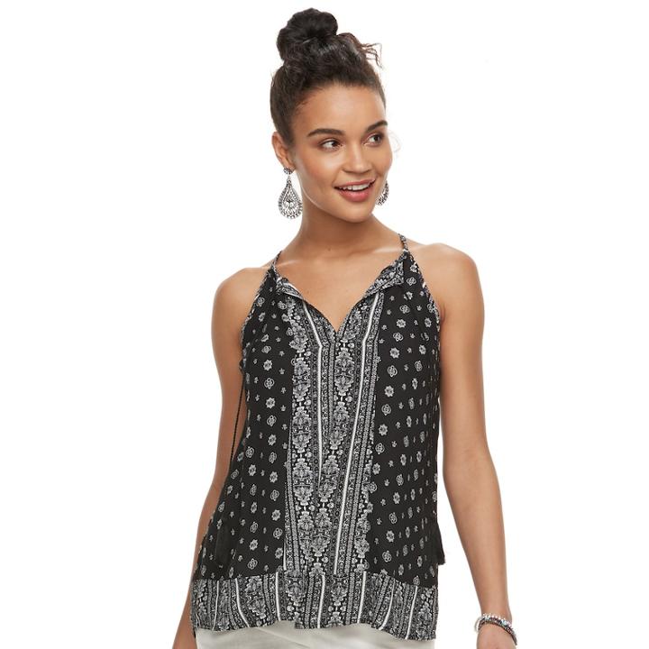 Juniors' Pink Republic Tassel Split Neck Tank, Teens, Size: Large, Black