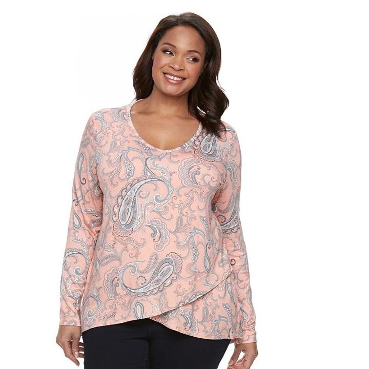 Plus Size Croft & Barrow&reg; Print High-low V-neck Tee, Women's, Size: 3xl, Lt Orange