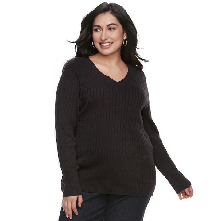 Plus Size Croft & Barrow&reg; Essential Cable Knit V-neck Sweater, Women's, Size: 1xl, Black