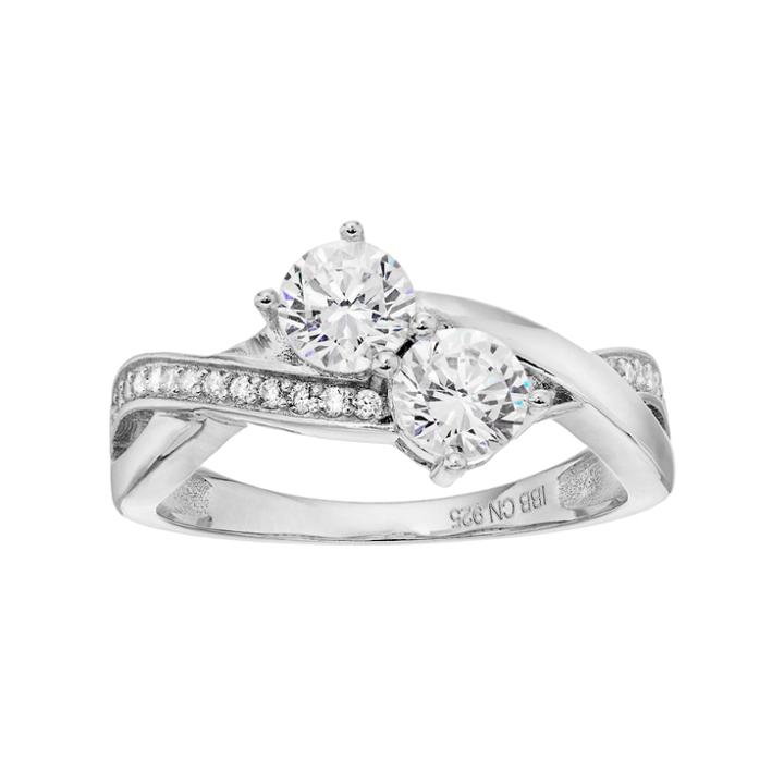 Intertwined Sterling Silver Cubic Zirconia 2-stone Ring, Size: 8, White