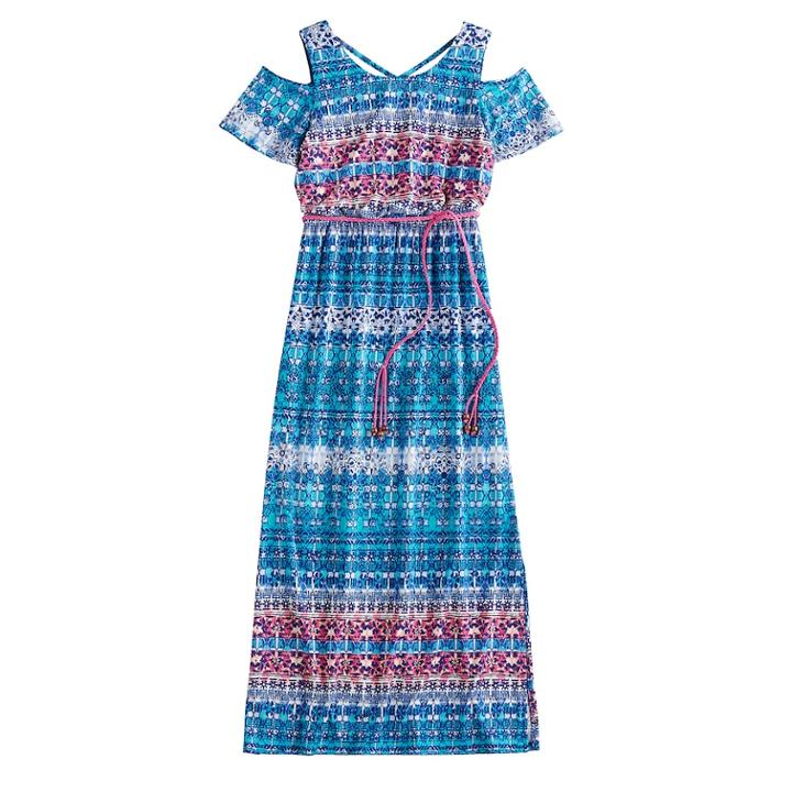 Girls 7-16 Three Pink Hearts Cold Shoulder Cross Back Belted Maxi Dress, Size: 7, Dark Blue