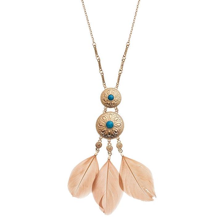Simulated Turquoise Medallion Feather Necklace, Women's, Turq/aqua