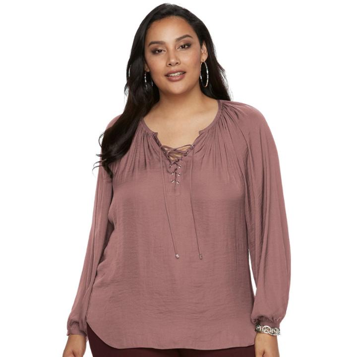 Plus Size Jennifer Lopez Lace-up Blouse, Women's, Size: 1xl, Med Brown