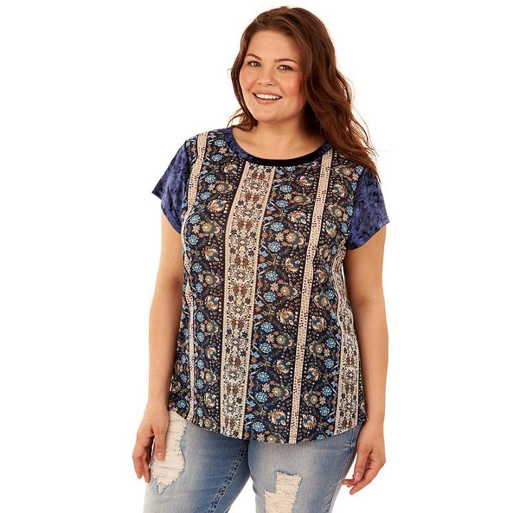 Juniors' Plus Size Wallflower Print Velour Sleeve Tee, Teens, Size: 3xl, Blue (navy)