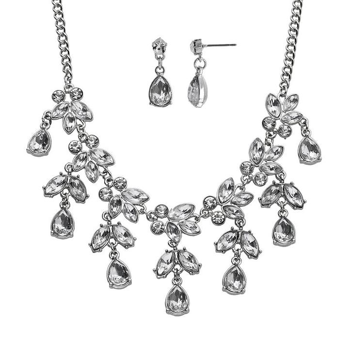 Crystal Allure Leaf And Teardrop Necklace And Earring Set, Women's, Size: 16.5, White