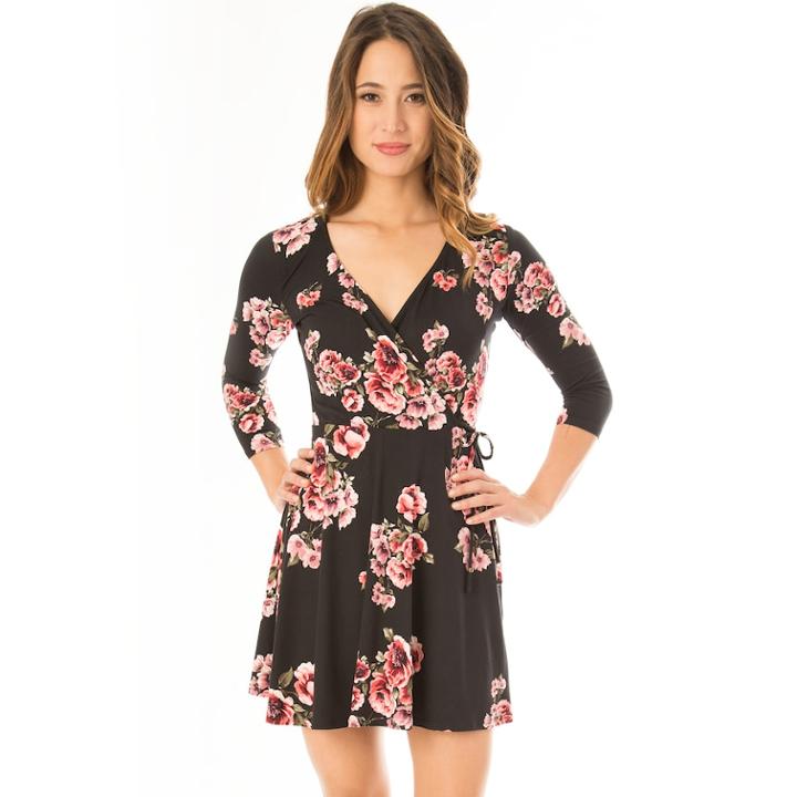 Juniors' Iz Byer Floral Faux Wrap Dress, Teens, Size: Small, Black Floral