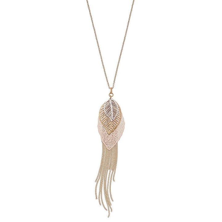 Long Tri Tone Openwork Leaf Tassel Pendant Necklace, Women's, Multicolor