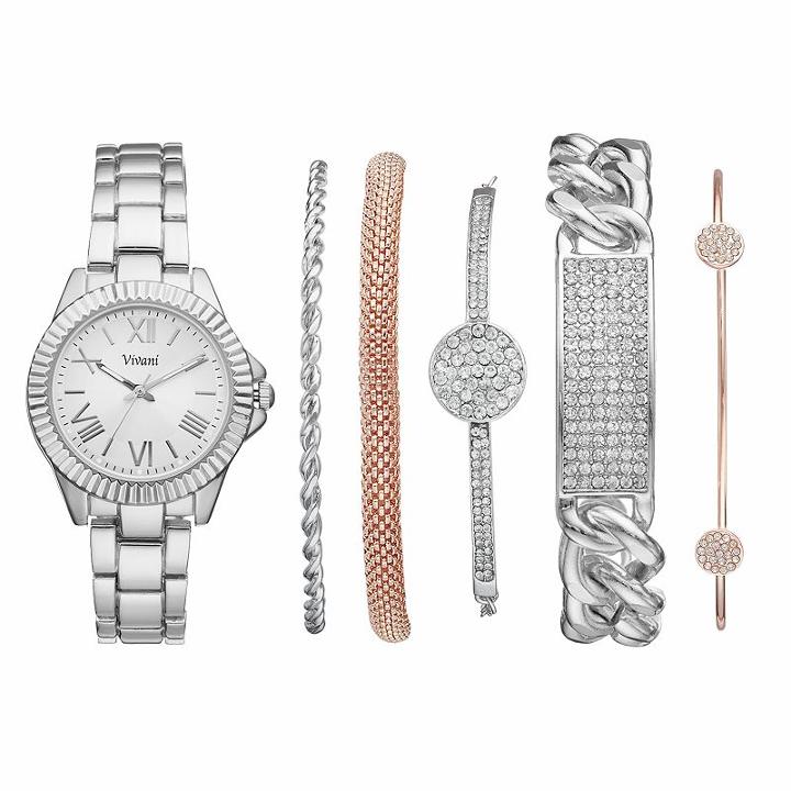 Vivani Women's Stainless Steel Watch & Crystal Bracelet Set, Size: Medium, Grey