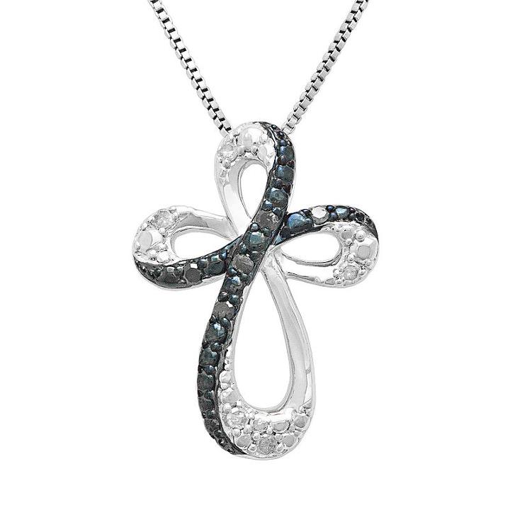 Sterling Silver 1/10-ct. T.w. Blue And White Diamond Ribbon Cross Pendant, Women's, Size: 18