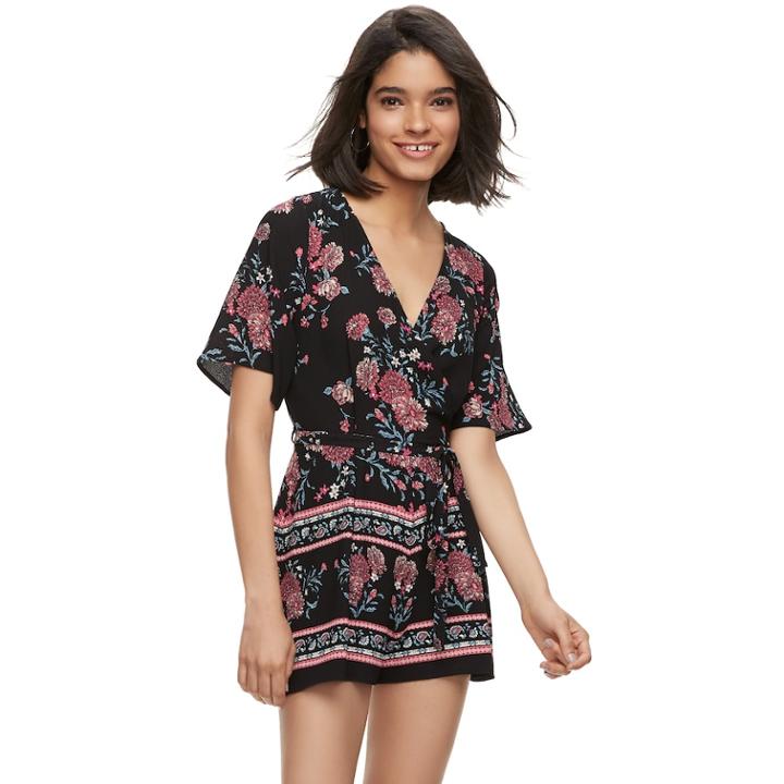 Juniors' Three Pink Hearts Printed Romper, Teens, Size: Medium, Grey (charcoal)