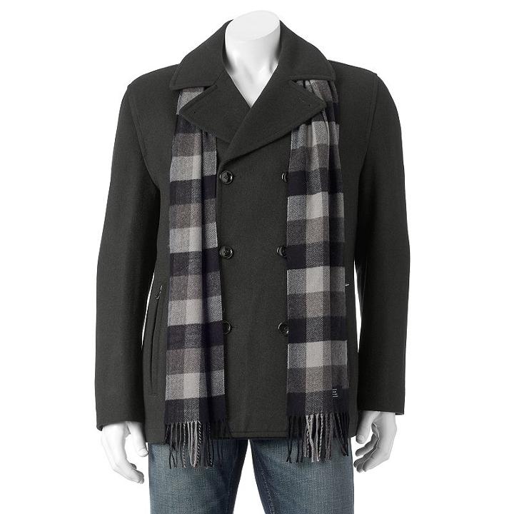 Big & Tall Towne Wool-blend Double-breasted Peacoat With Plaid Scarf, Men's, Size: 3xl Tall, Grey Other