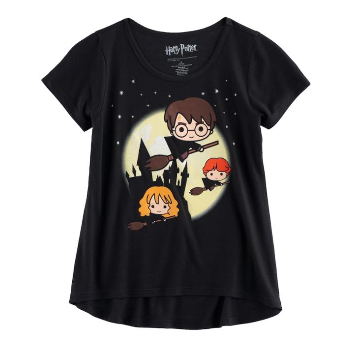 Girls 7-16 Harry Potter, Hermione & Ron Weasley Castle Flight High-low Glitter Graphic Tee, Size: Medium, Black