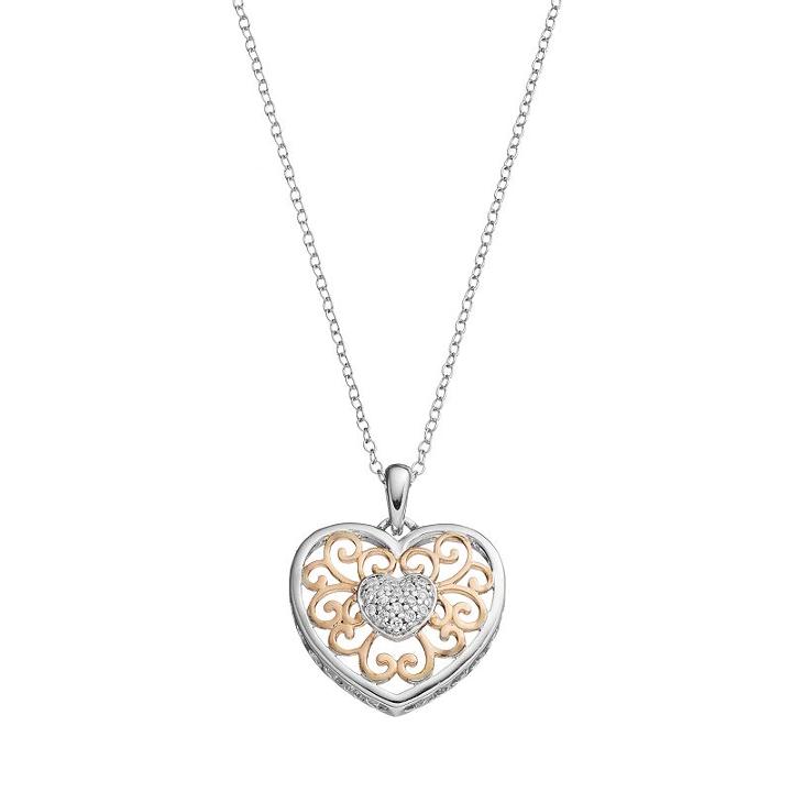 Hallmark Two Tone 18k Gold Over Silver Cubic Zirconia Filigree Heart Pendant Necklace, Women's, Size: 18, White
